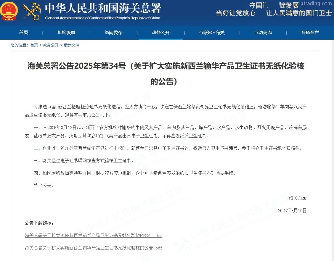 【进口报关知识】新西兰牛羊肉等九类产品进口通关无纸化